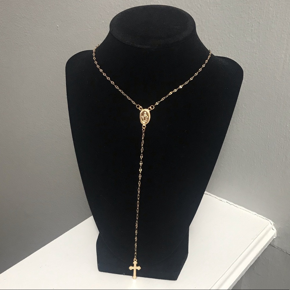Gold Virgin Mary Pendant and Cross Necklace